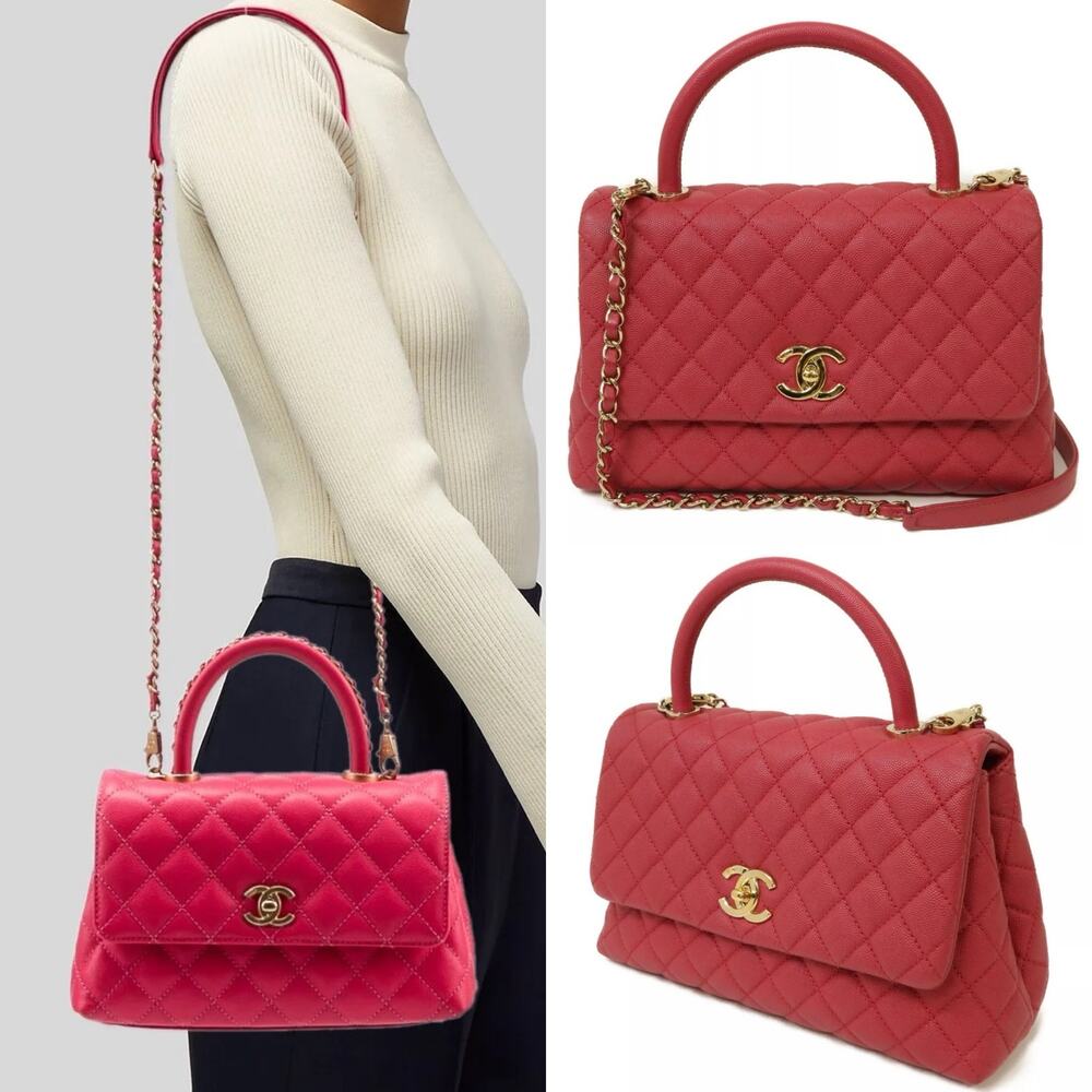 💎✨BEAUTIFUL✨💎Authentic CHANEL Quilted CC Coco Handle 2-way Caviar Leather Pink